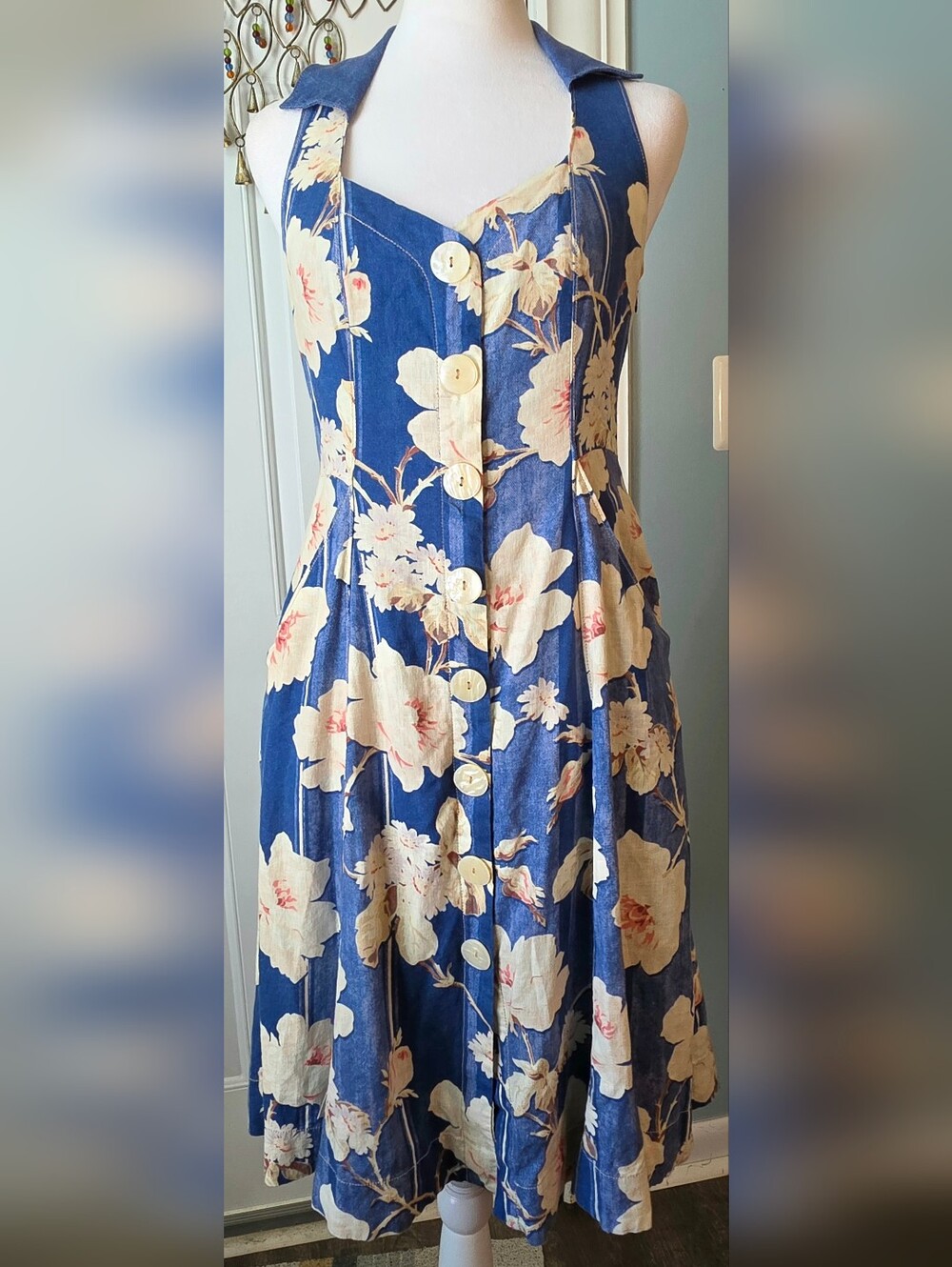 Anthropologie Camellia Collared Midi Dress Womens 2 Blue Cream Floral Retro 90s - Picture 2 of 12